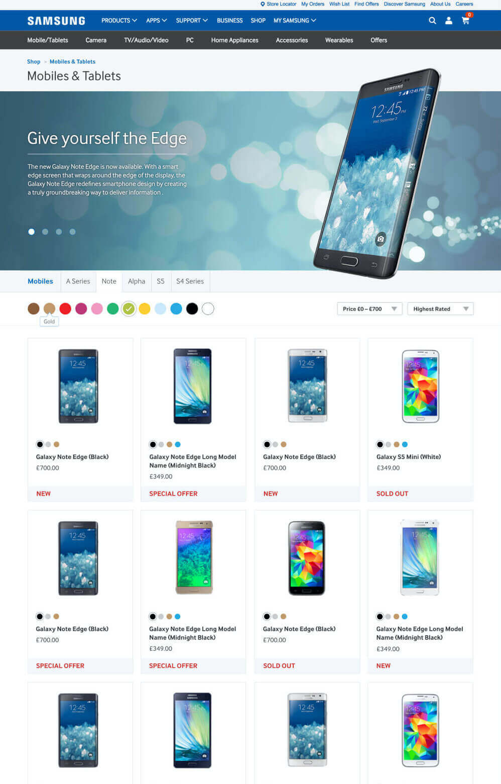Samsung Shop Product Index screenshot
